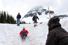 Pauline Morey, center, slides down a snowfield at Logan Pass on the first day all 50 miles of the Going-to-the-Sun Road were open. Morey was traveling from Ireland with a group of friends. Justin Franz | Flathead Beacon.