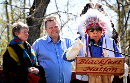 U.S. Secretary of the Interior Sally Jewell visited the Blackfeet Indian Reservation on May 3, 2016. During a ceremony in Browning, Blackfeet Chief Earl Old Person, right, gave Jewell, left, a Blackfeet name, "Far Away Woman." Justin Franz | Flathead Beacon